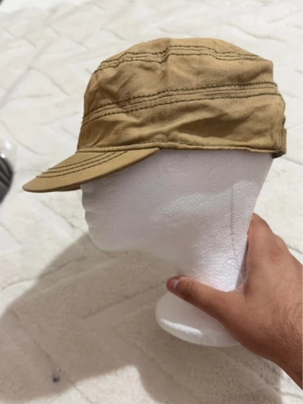Vintage Khaki Tan Military Cadet Cap Stitched Utility Pocket Flat Top Hat [SKU C